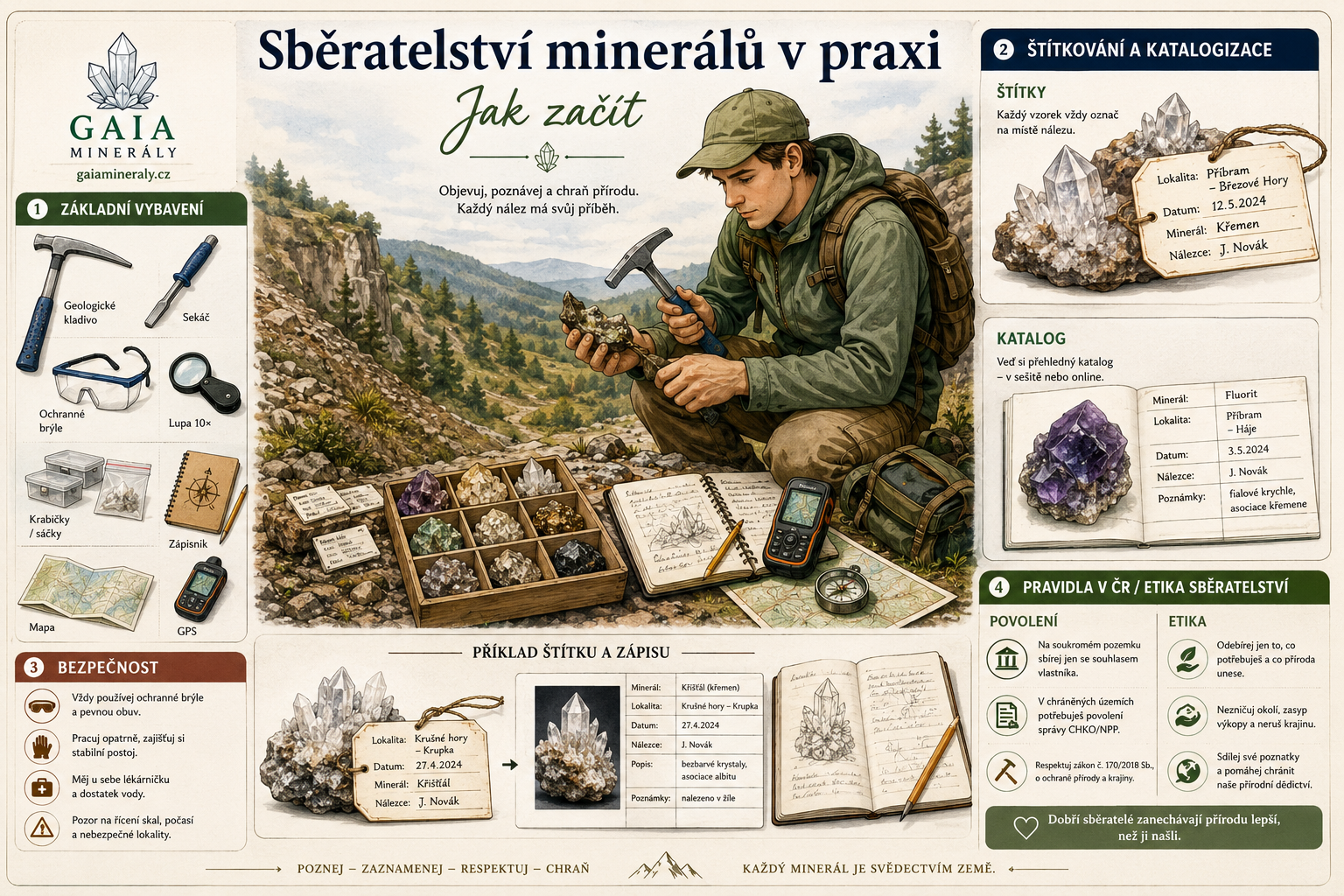 Jak začít sbírat minerály | Výbava, štítky a pravidla v ČR  | Gaia minerály 