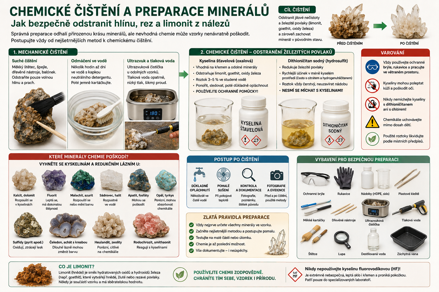 Čištění minerálů od rzi a limonitu | Kyselina šťavelová  | Gaia minerály 
