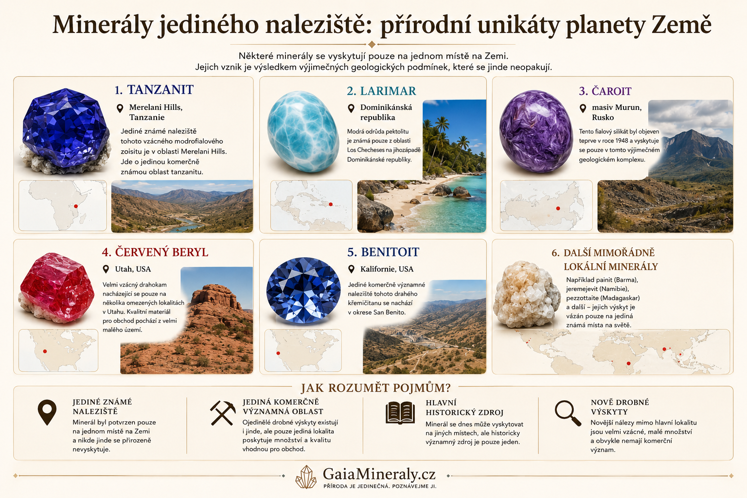 Minerály jediného naleziště | Tanzanit, larimar a čaroit | Gaia minerály 