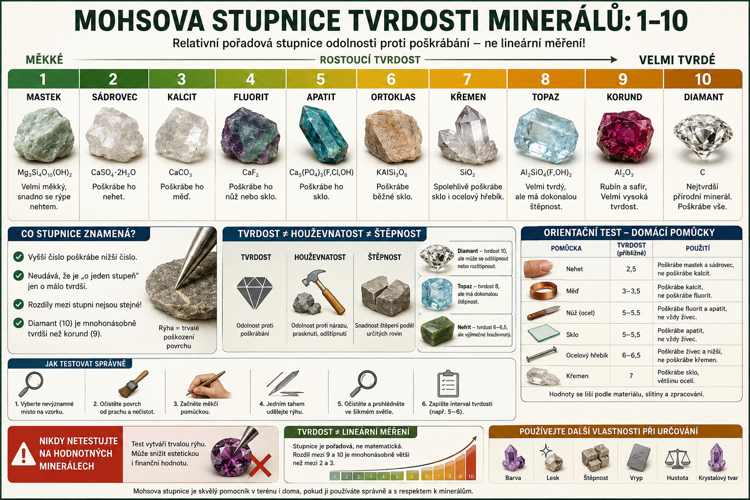Mohsova stupnice tvrdosti minerálů 1–10 | Tabulka a test | Gaia minerály 